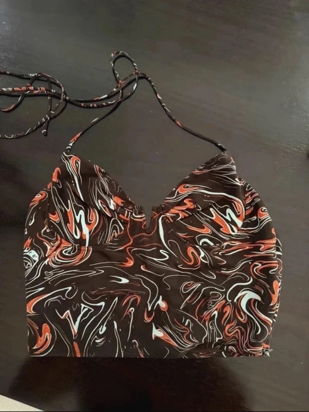 Halter Swirl Print Crop Top in Black & Orange